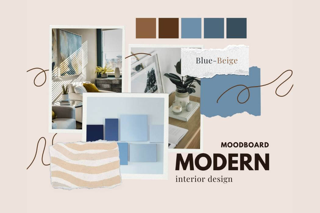 Modernes Moodboard für Interieur in Blau-Beige