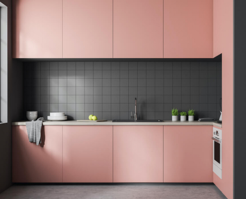 Rosa Küche mit einer rosa Küchenzeile kombiniert mit grauen Wänden im edlen Look