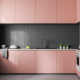 Rosa Küche mit einer rosa Küchenzeile kombiniert mit grauen Wänden im edlen Look